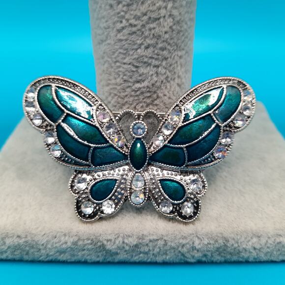 Vintage Enamel Butterfly Brooch, Metallic Teal, Aurora Borealis Rhinestones - Picture 5 of 9